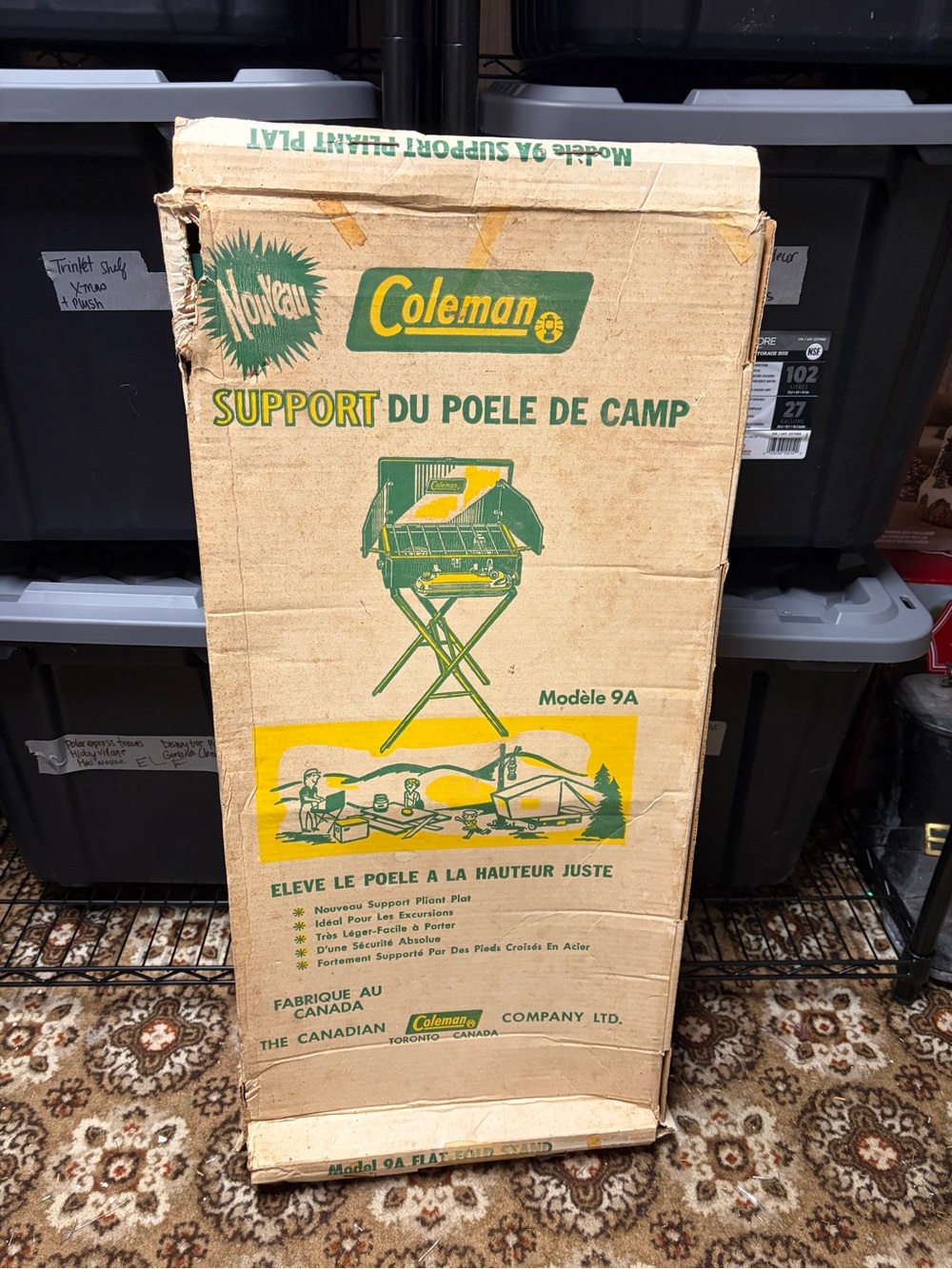 Vintage Coleman camp stove stand in original cardboard box.